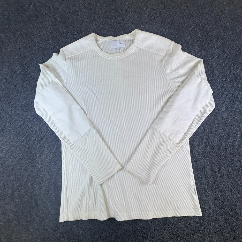 Ovadia & Sons Thermal Shirt Mens S White Waffle Knit Elbow Patches Long Sleeve